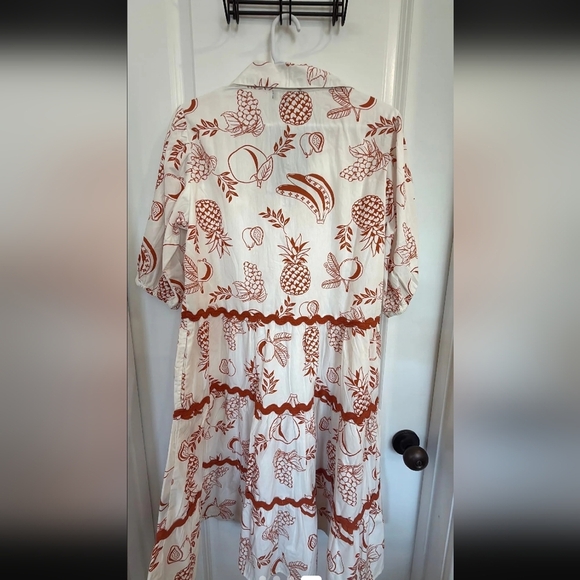 Meadow Rhodes Ric Rac Fruit Print Dress Small 100% Cotton Midi Tropical Modest - Picture 3 of 7
